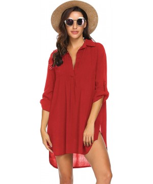 Women's Swimsuit Beach Cover Up Shirt Bikini Beachwear Bathing Suit Beach Dress - Red - CL18W2G3UEC $20.47-Cover-Ups