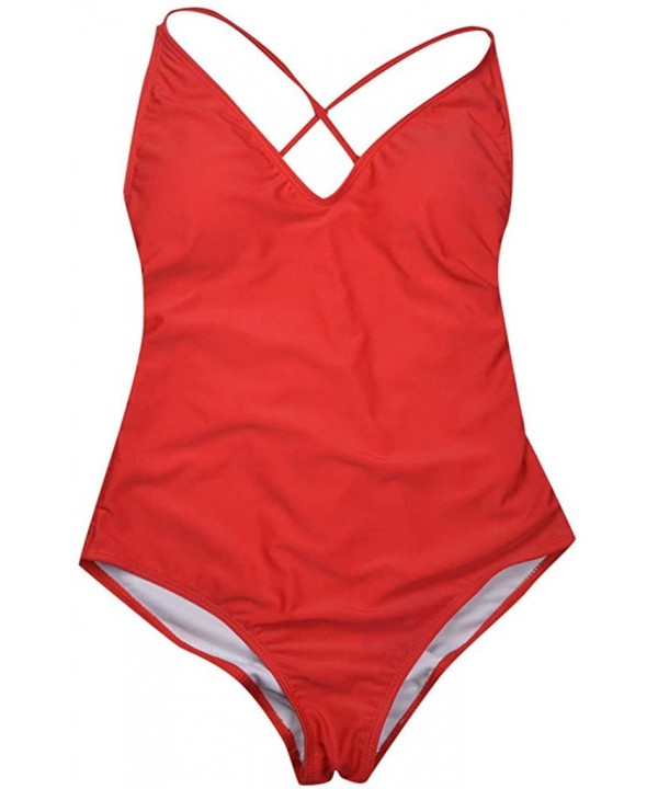 Women High Cut V Neck Low Back Monokini Swimsuits Tankini One Piece Tummy Control Slimming High Leg Bathing Suit Red - CB18R3...