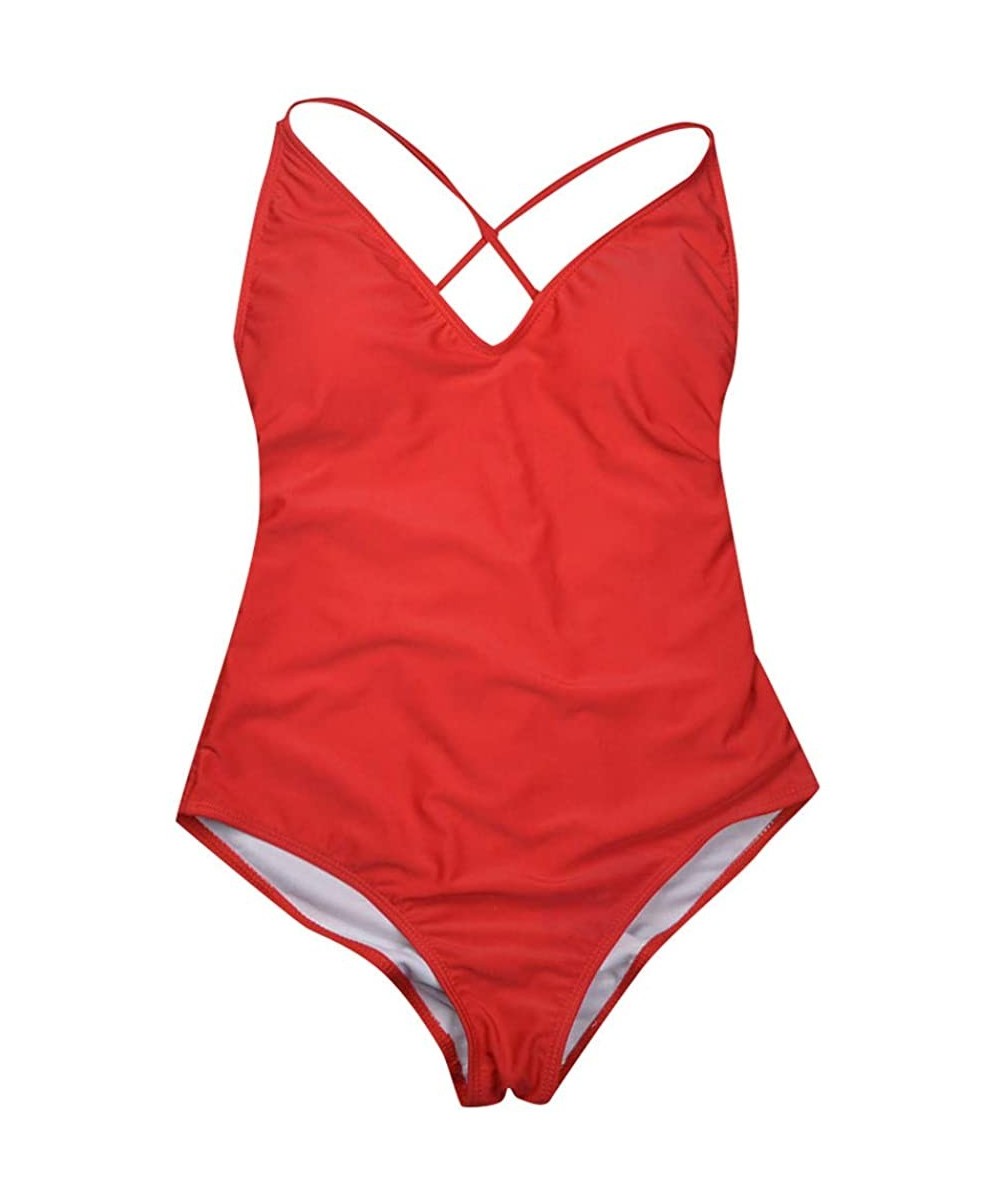 Women High Cut V Neck Low Back Monokini Swimsuits Tankini One Piece Tummy Control Slimming High Leg Bathing Suit Red - CB18R3...