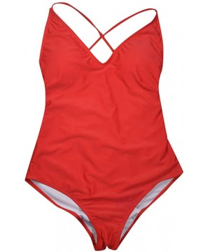 Women High Cut V Neck Low Back Monokini Swimsuits Tankini One Piece Tummy Control Slimming High Leg Bathing Suit Red - CB18R3...