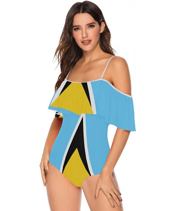 Trinidad and Tobago Flag Women One Piece Flounce Swimsuit Off Shoulder Bikini - Saint Lucia Flag - CR18UW7INCQ $24.47-One-Pieces