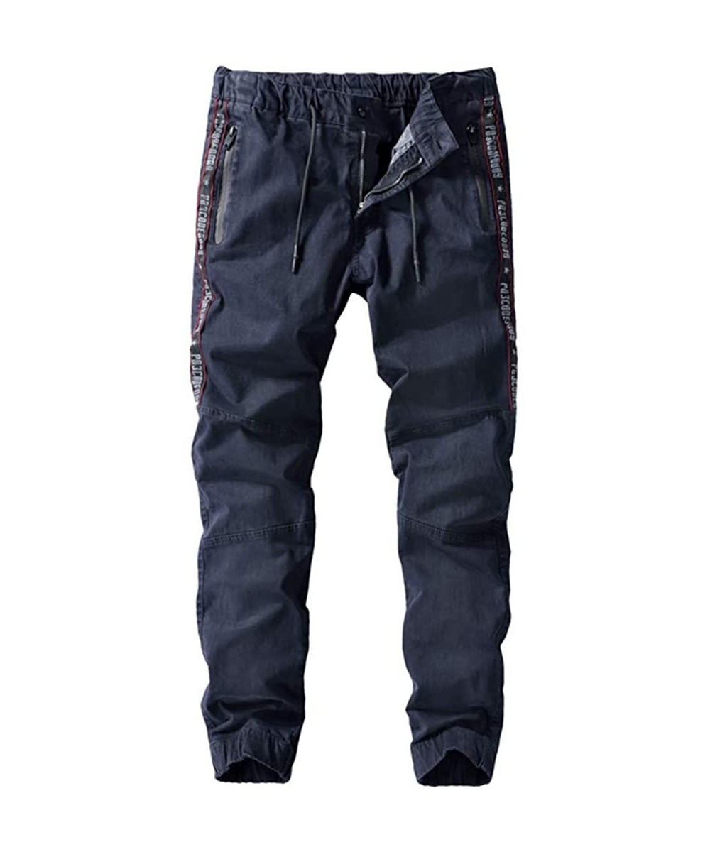 Men's Casual Trousers Elastic Waist Loose-Fit Drawstring Jogger Pants Sweatpants with Zipper Pockets - Dark Blue - CZ18WCKQAY...