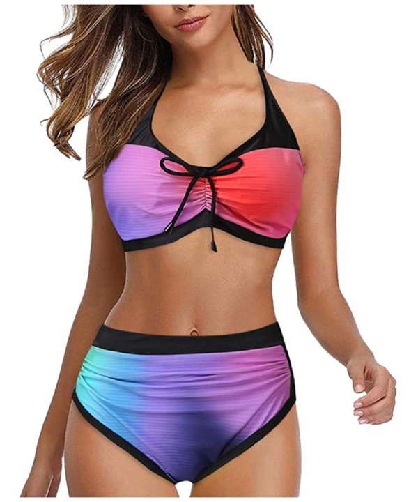 Two Piece Swimsuit for Women Halter Printed Top with Boyshort Bottoms Fashion Bathing Suit Bikini Set Multi Color - CI1966A9D...