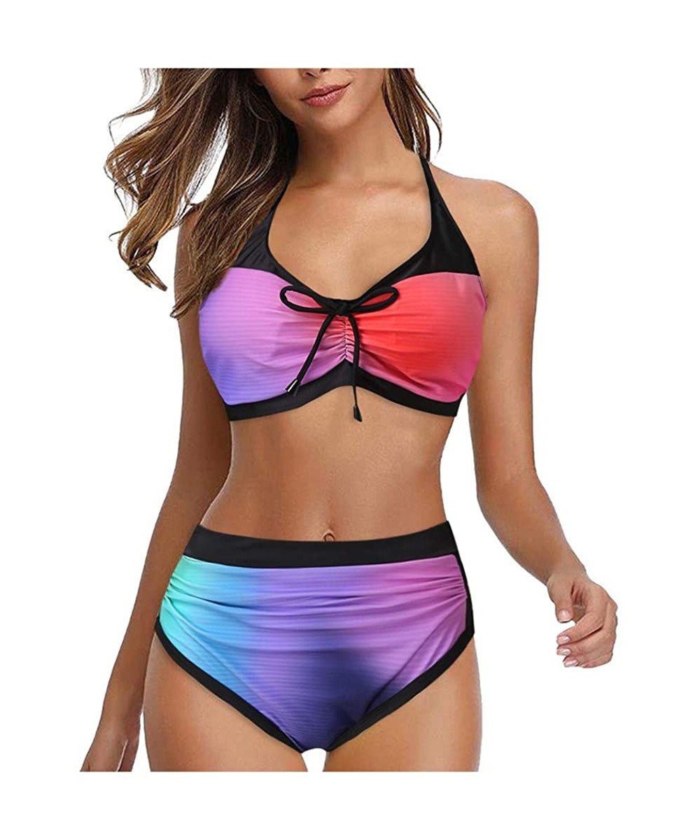 Two Piece Swimsuit for Women Halter Printed Top with Boyshort Bottoms Fashion Bathing Suit Bikini Set Multi Color - CI1966A9D...