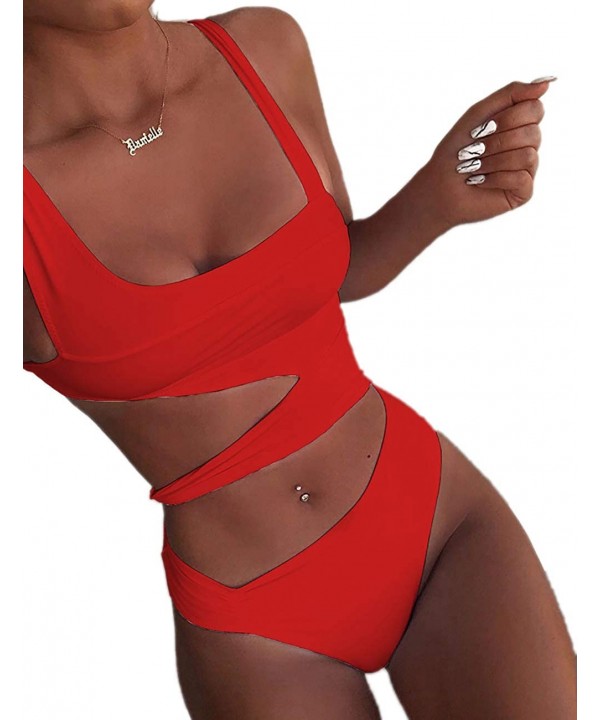 Women Sexy Spaghetti Strap Halter Solid Cutout One Piece Bandage Swimwear - Red - CN196CLZRX6 $28.59-One-Pieces