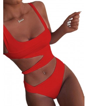 Women Sexy Spaghetti Strap Halter Solid Cutout One Piece Bandage Swimwear - Red - CN196CLZRX6 $28.59-One-Pieces