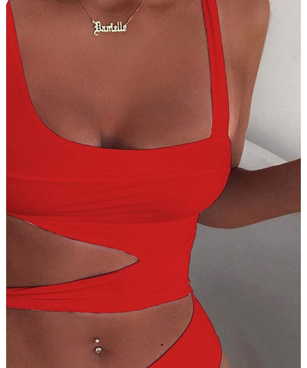 Women Sexy Spaghetti Strap Halter Solid Cutout One Piece Bandage Swimwear - Red - CN196CLZRX6 $28.59-One-Pieces