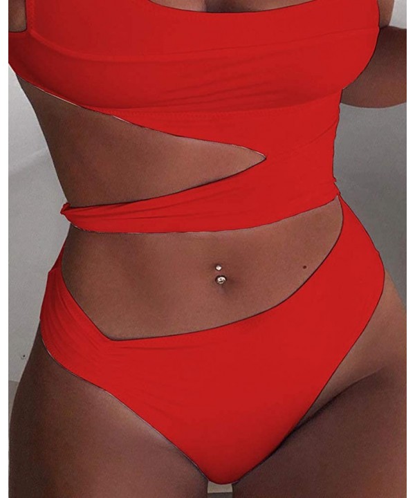 Women Sexy Spaghetti Strap Halter Solid Cutout One Piece Bandage Swimwear - Red - CN196CLZRX6 $28.59-One-Pieces