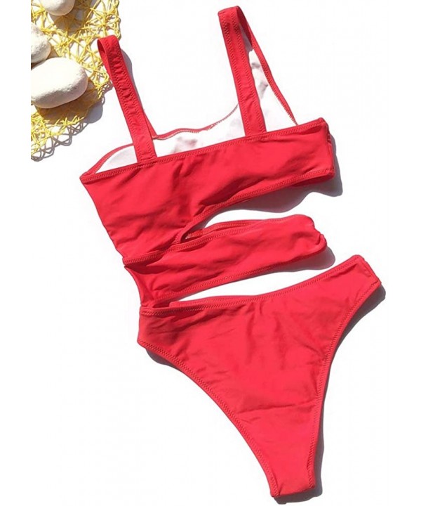 Women Sexy Spaghetti Strap Halter Solid Cutout One Piece Bandage Swimwear - Red - CN196CLZRX6 $28.59-One-Pieces