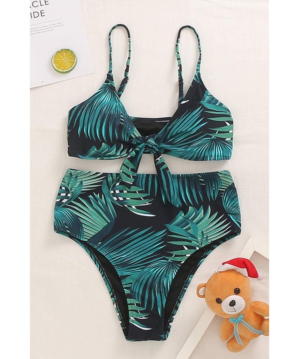 High Waisted Bikini Set for Women Swimsuits Push Up Tie Knot Swimwear Two Piece Bathing Suits - Black Leaves - C1198MQEO8L $2...