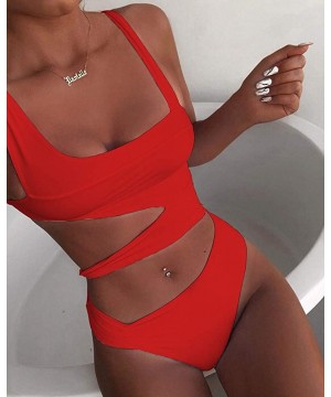 Women Sexy Spaghetti Strap Halter Solid Cutout One Piece Bandage Swimwear - Red - CN196CLZRX6 $28.59-One-Pieces