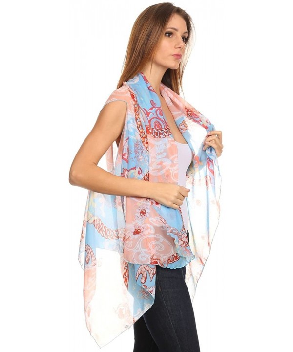 Womens Open Front Kimono Poncho Vest Summer Lightweight Chiffon Wrap - Light Blue Chain - CL12CFJY9H5 $13.53-Cover-Ups