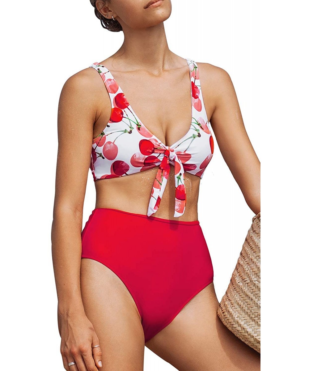 Women's Cherry Knot Solid High Waisted Bikini Sets - CK194CSL9U3 $31.85-Sets