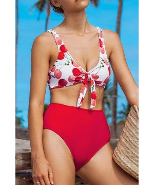 Women's Cherry Knot Solid High Waisted Bikini Sets - CK194CSL9U3 $31.85-Sets