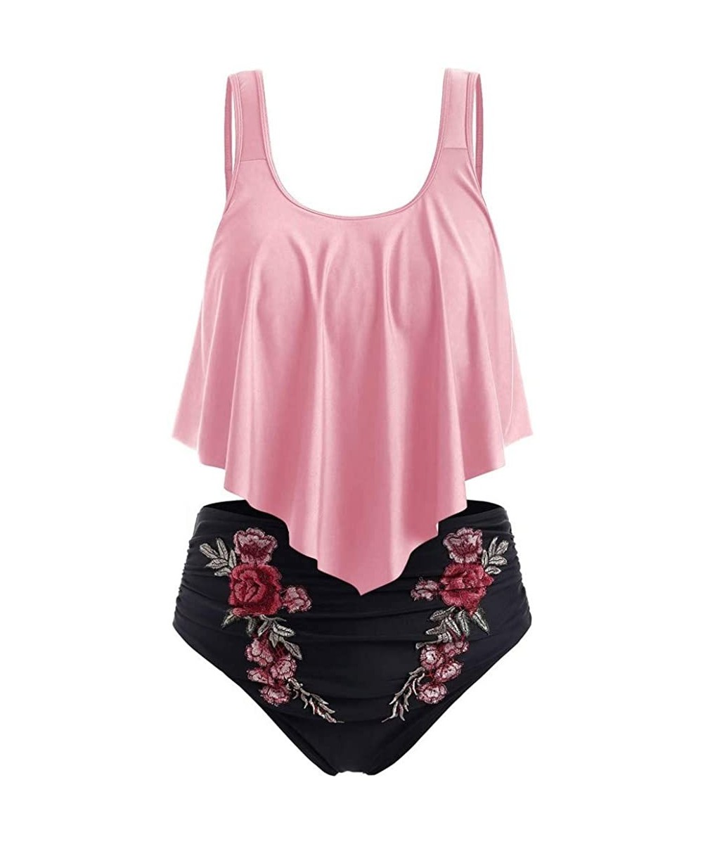 Embroidery Bikini Swimsuit Wire Free Women Tankini Sexy Bathing Suit - Pink - CG18W6CWMCN $19.70-Sets