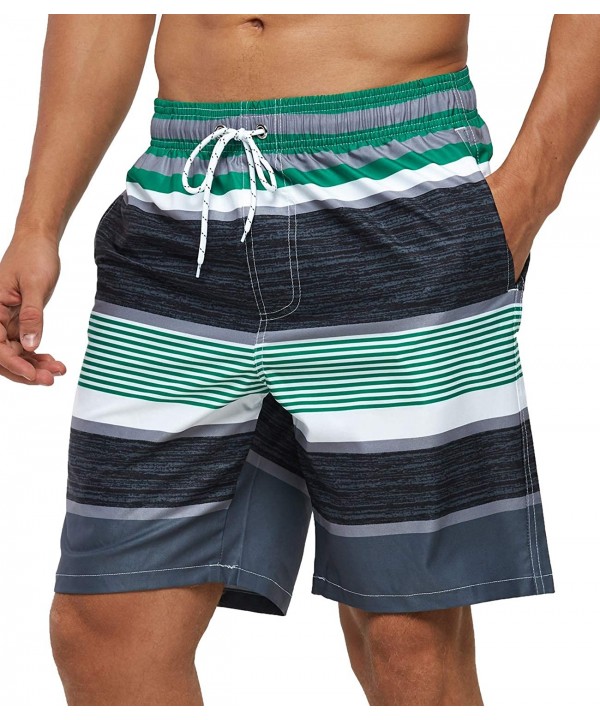 Mens Swim Trunks Quick Dry Beach Swimwear with Mesh Lining - Striped_green/Heather Grey/White - CG19C405KUK $22.35-Trunks