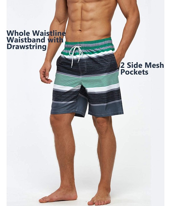 Mens Swim Trunks Quick Dry Beach Swimwear with Mesh Lining - Striped_green/Heather Grey/White - CG19C405KUK $22.35-Trunks