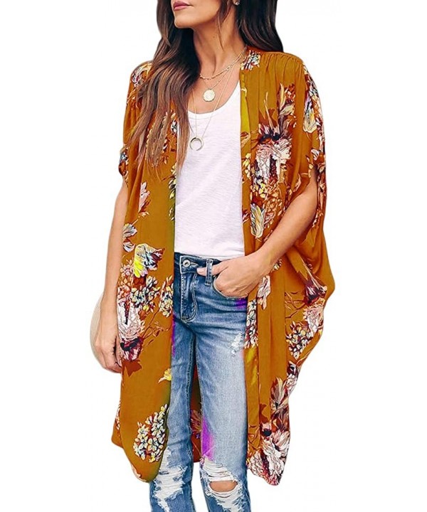 Womens Oversized Floral Kimono Cardigans Summer Casual Batwing Sleeve Shawl Chiffon Open Front Cover up - Yellow - CD1942GINI...