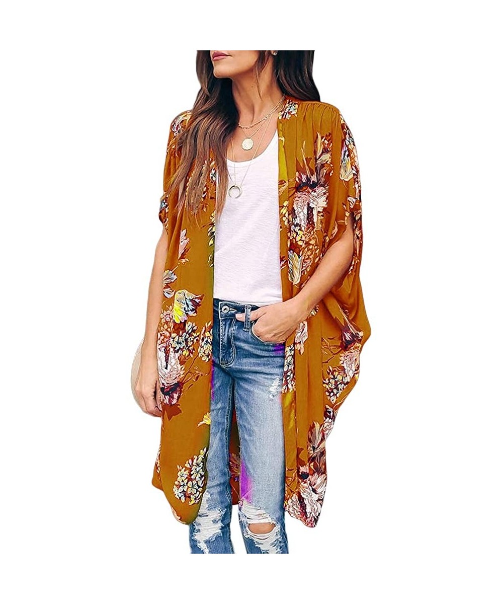 Womens Oversized Floral Kimono Cardigans Summer Casual Batwing Sleeve Shawl Chiffon Open Front Cover up - Yellow - CD1942GINI...