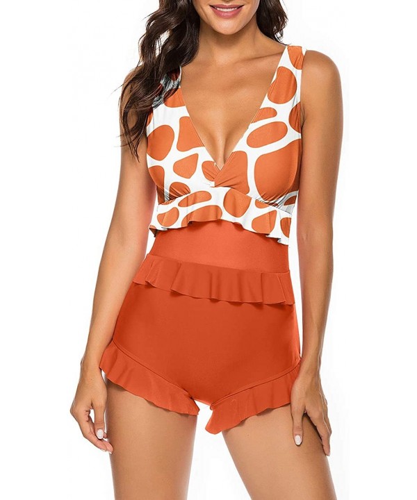 Women Sexy Plunge Monokini Tummy Control One Piece Swimsuit V Neck Ruffle Bathing Suits - Orange - CD194R9XD8X $15.38-One-Pieces