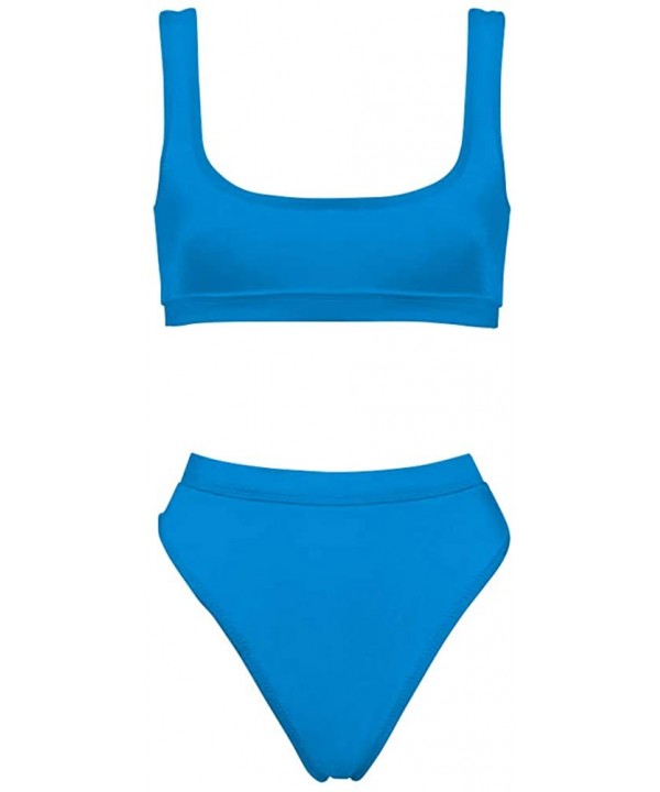 Two Pieces Bikini Sets Sports Crop Top High Waisted High Cut Cheeky Swimsuit - Blue - CQ18QIO6S24 $17.54-Sets