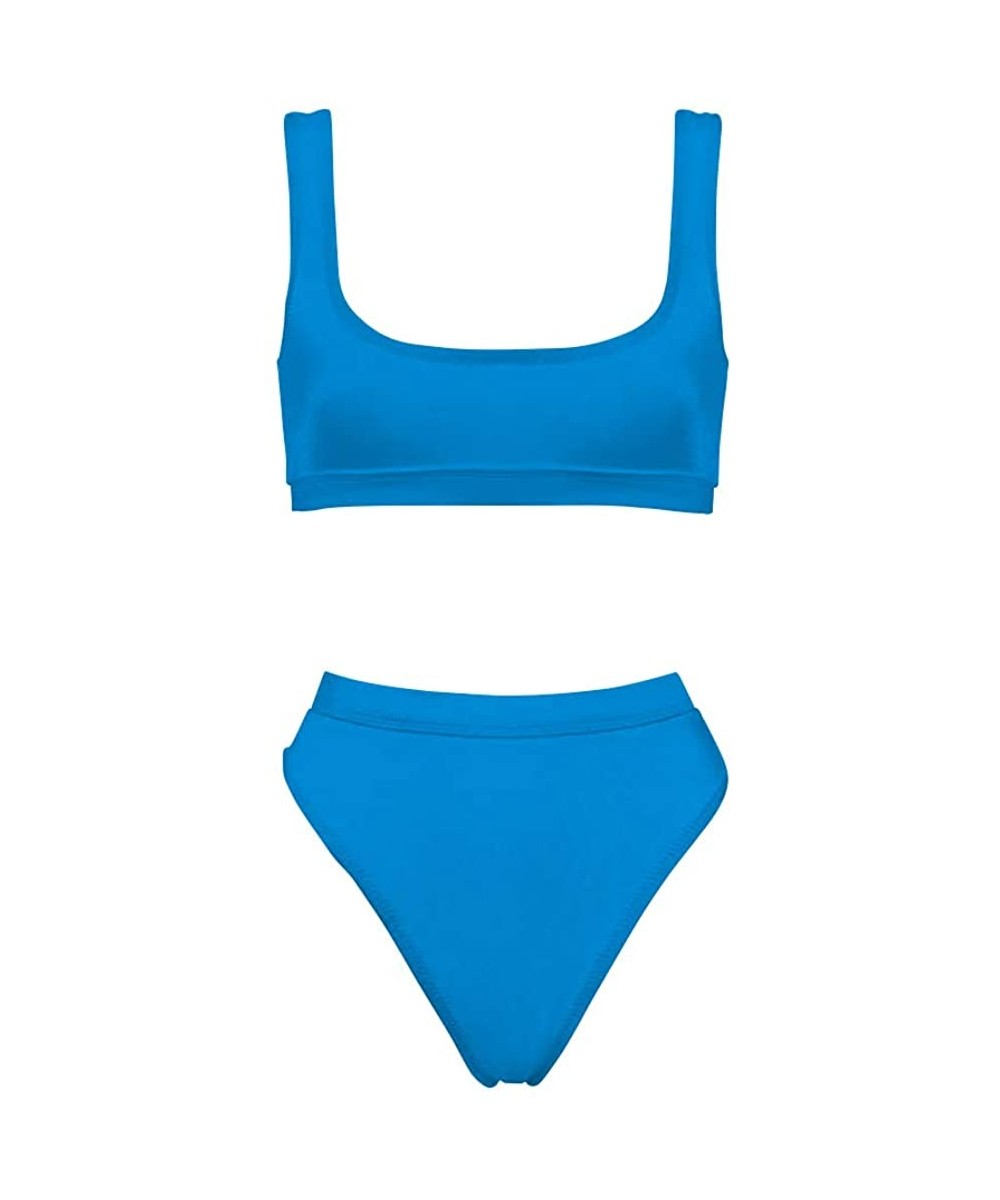 Two Pieces Bikini Sets Sports Crop Top High Waisted High Cut Cheeky Swimsuit - Blue - CQ18QIO6S24 $17.54-Sets