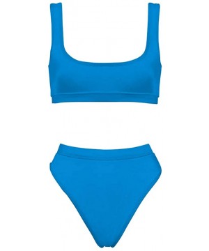 Two Pieces Bikini Sets Sports Crop Top High Waisted High Cut Cheeky Swimsuit - Blue - CQ18QIO6S24 $17.54-Sets