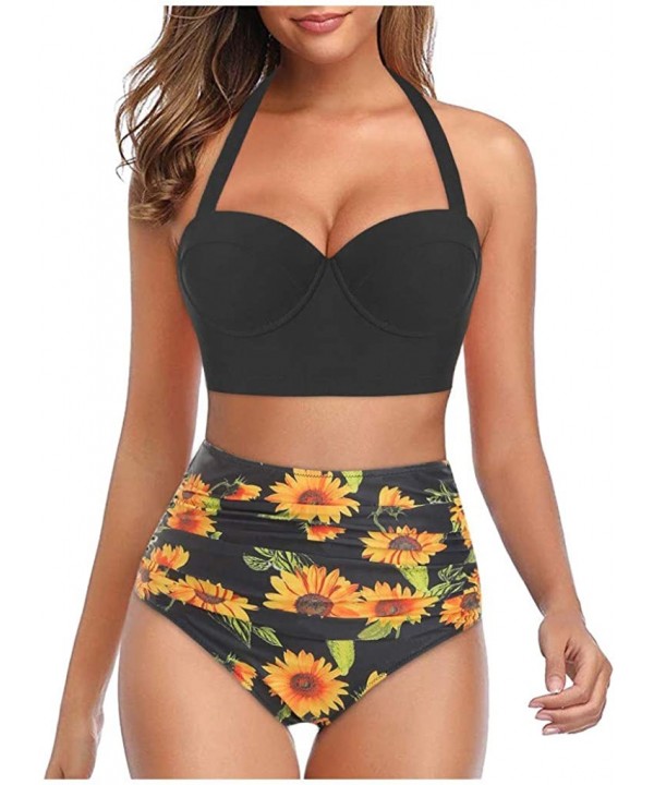 2020 Women Padded Push Up Bikini Set Floral Halter High Waisted Two Piece Beachewear Swimsuit Bathing Suit S 5XL Black - CF19...