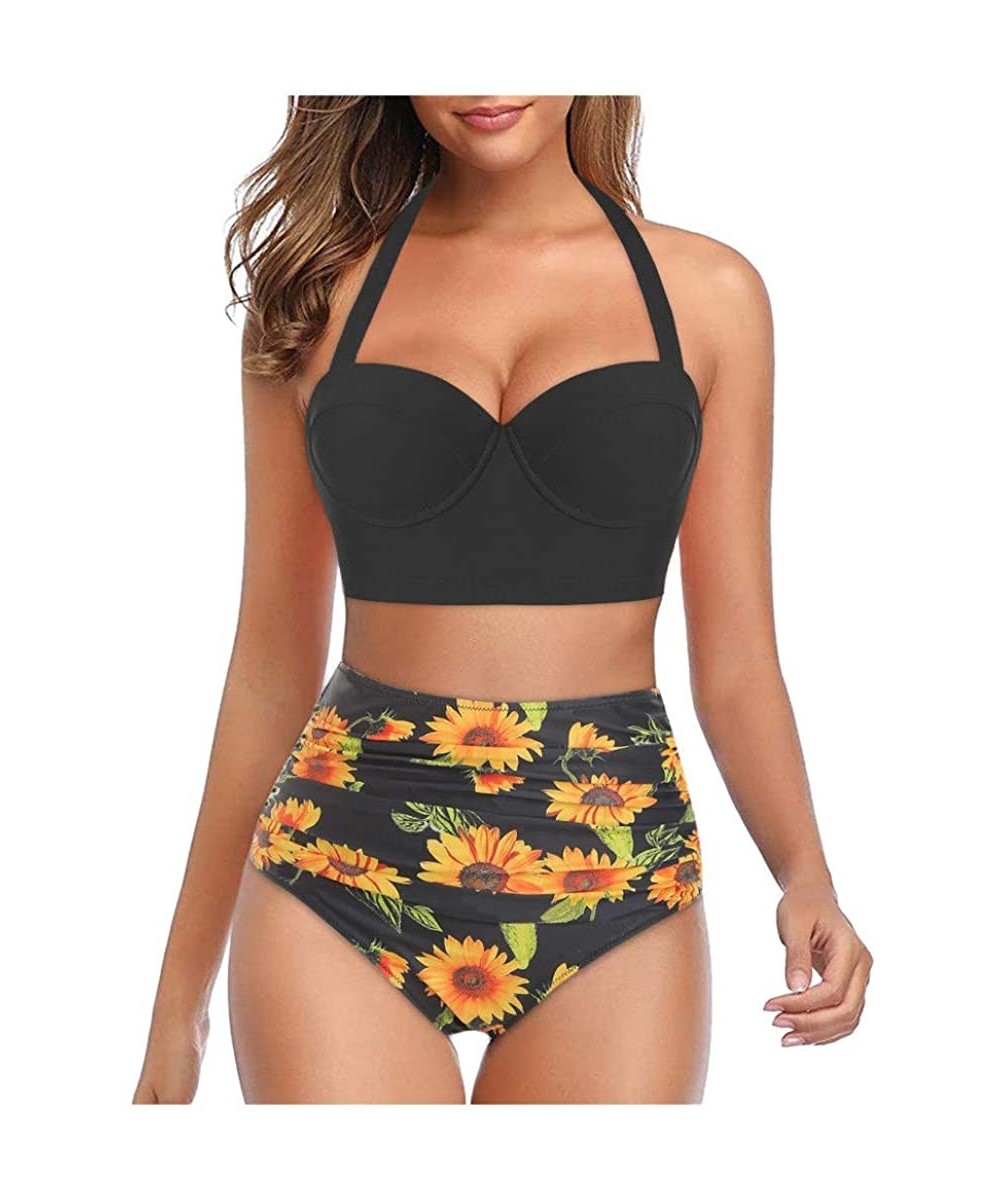 2020 Women Padded Push Up Bikini Set Floral Halter High Waisted Two Piece Beachewear Swimsuit Bathing Suit S 5XL Black - CF19...