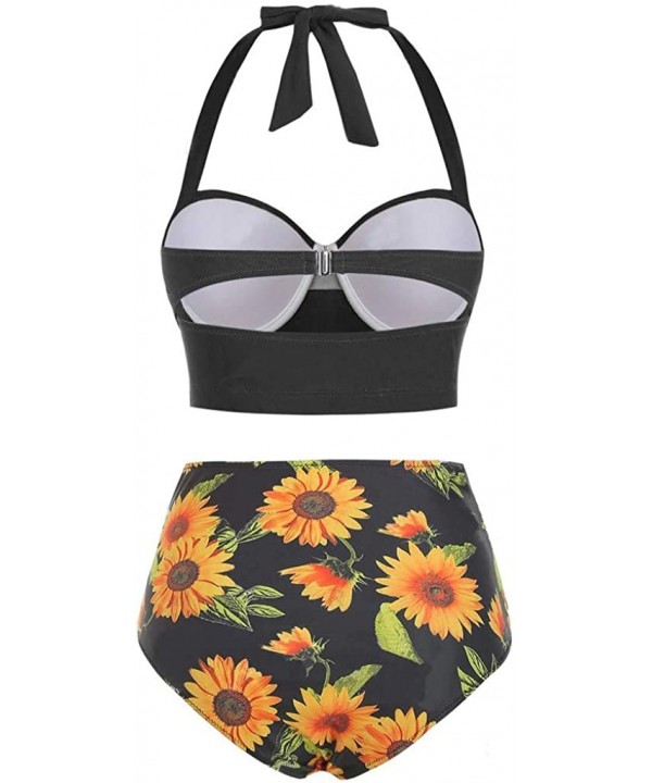 2020 Women Padded Push Up Bikini Set Floral Halter High Waisted Two Piece Beachewear Swimsuit Bathing Suit S 5XL Black - CF19...