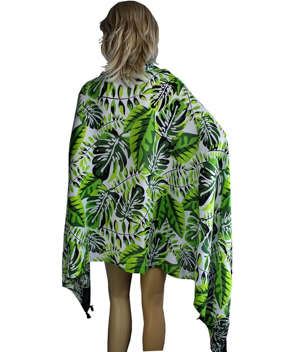 Tropical Leaf Sarong- Beach Cover-Up- Wrap- Shawl- Dress- Skirt Resortwear Green- White - CZ1808303XM $20.86-Cover-Ups