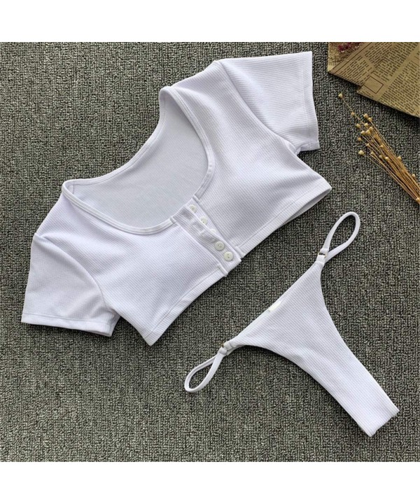 Women V Neck Botton Short Sleeve Swim Shirt Rash Guard Padded Top Tankini Set High Cut Thong Bathing Swimsuit White - CX18U47...