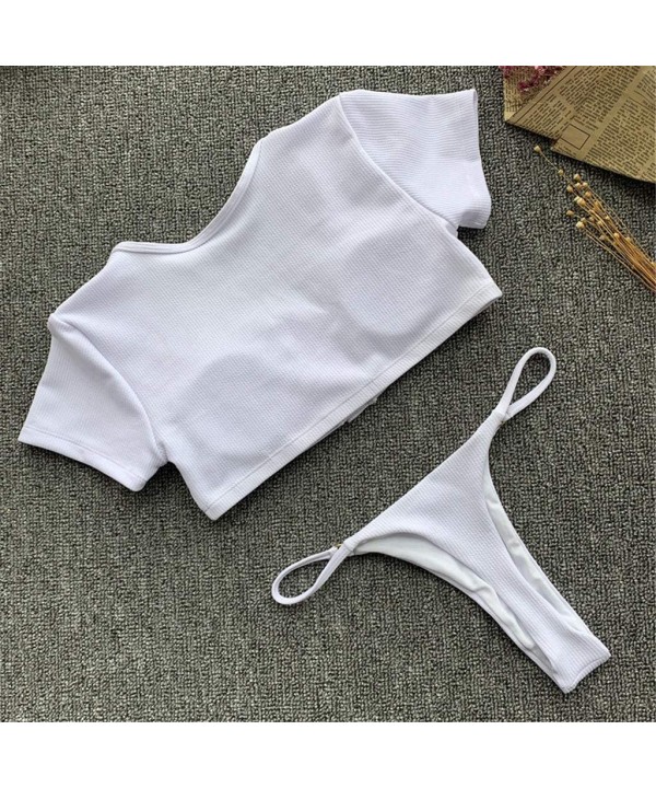 Women V Neck Botton Short Sleeve Swim Shirt Rash Guard Padded Top Tankini Set High Cut Thong Bathing Swimsuit White - CX18U47...