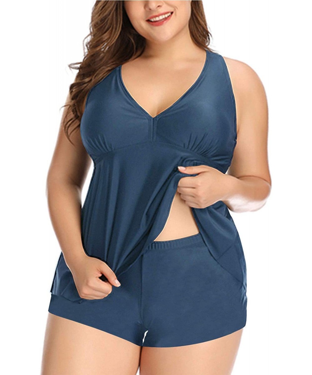 Plus Size Bathing Suits for Women Flowy Tankini Swimsuits with Shorts Two Pieces V Neck Cross Back Swimwear Gray Blue - CK18T...