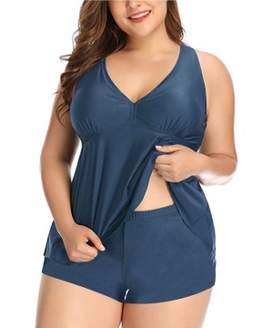 Plus Size Bathing Suits for Women Flowy Tankini Swimsuits with Shorts Two Pieces V Neck Cross Back Swimwear Gray Blue - CK18T...