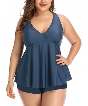 Plus Size Bathing Suits for Women Flowy Tankini Swimsuits with Shorts Two Pieces V Neck Cross Back Swimwear Gray Blue - CK18T...