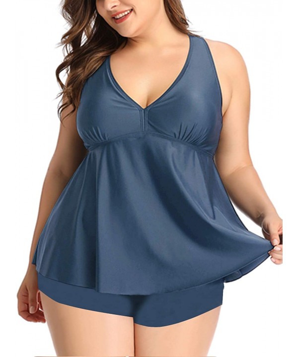 Plus Size Bathing Suits for Women Flowy Tankini Swimsuits with Shorts Two Pieces V Neck Cross Back Swimwear Gray Blue - CK18T...