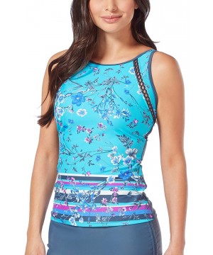 Women's Plus Size Floral Paradise High Neck Tankini Top - Tropic Turq - CQ1962TRUWI $26.50-Tankinis