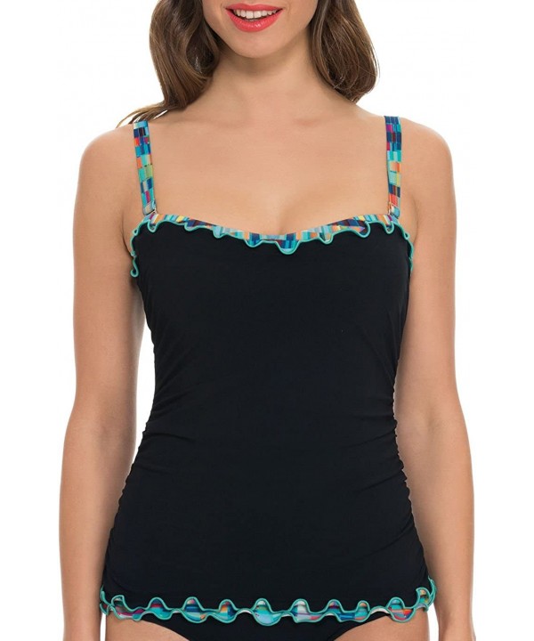 Women's Printed Lettuce Ruffle Sweetheart D-Cup Tankini Top Swimsuit - Matrix Black - CZ11ZXVE9RX $45.06-Tankinis