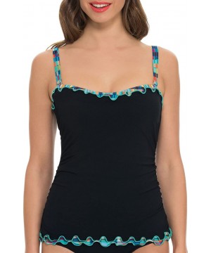 Women's Printed Lettuce Ruffle Sweetheart D-Cup Tankini Top Swimsuit - Matrix Black - CZ11ZXVE9RX $45.06-Tankinis