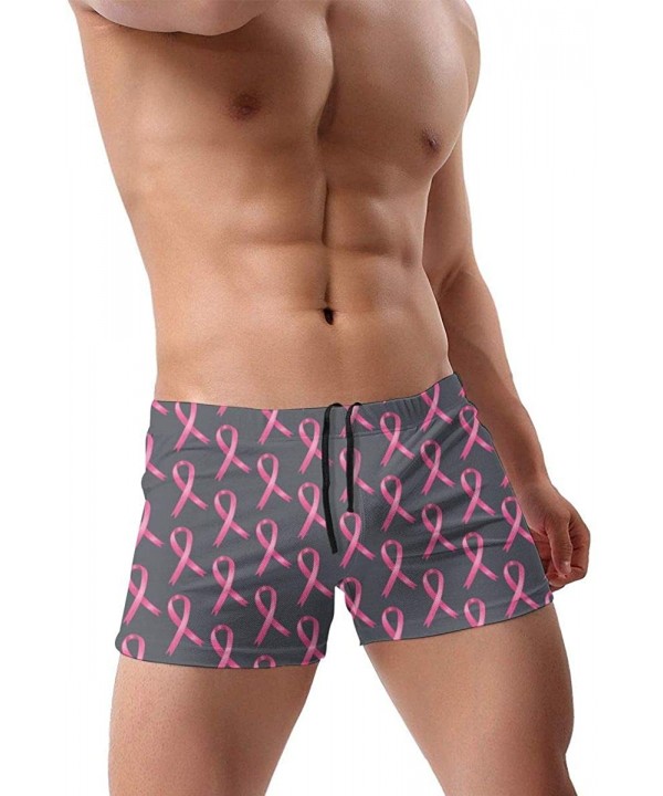 Cute Flamingo Pink Ribbon Flower Breast Cancer Awareness Men's Quick Dry Swimsuit Boxer Trunks Square Cut Bathing Suits - Bre...