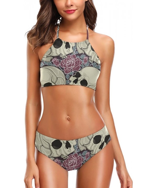 Womens Stylish Sexy Beach Hot 2 Piece Halter Neack High Waist Padded Swimsuit - Skull - CS18GN9YGWK $19.91-Racing