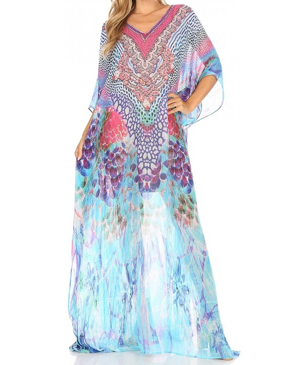 Wilder Printed Design Long Sheer Rhinestone Caftan Dress/Cover Up - Sm224-multi - C2193GWRN80 $44.92-Cover-Ups