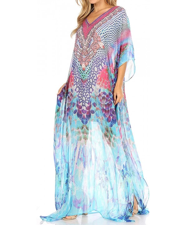 Wilder Printed Design Long Sheer Rhinestone Caftan Dress/Cover Up - Sm224-multi - C2193GWRN80 $44.92-Cover-Ups