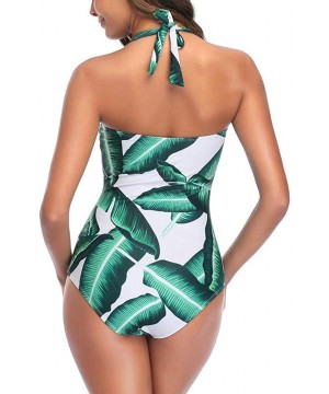 Tummy Control Halter Neck Ruched Pattern One Piece Swimsuit Swimwear with Padded Push Up Bra for Women Bikini Tankini - Green...