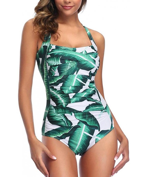 Tummy Control Halter Neck Ruched Pattern One Piece Swimsuit Swimwear with Padded Push Up Bra for Women Bikini Tankini - Green...