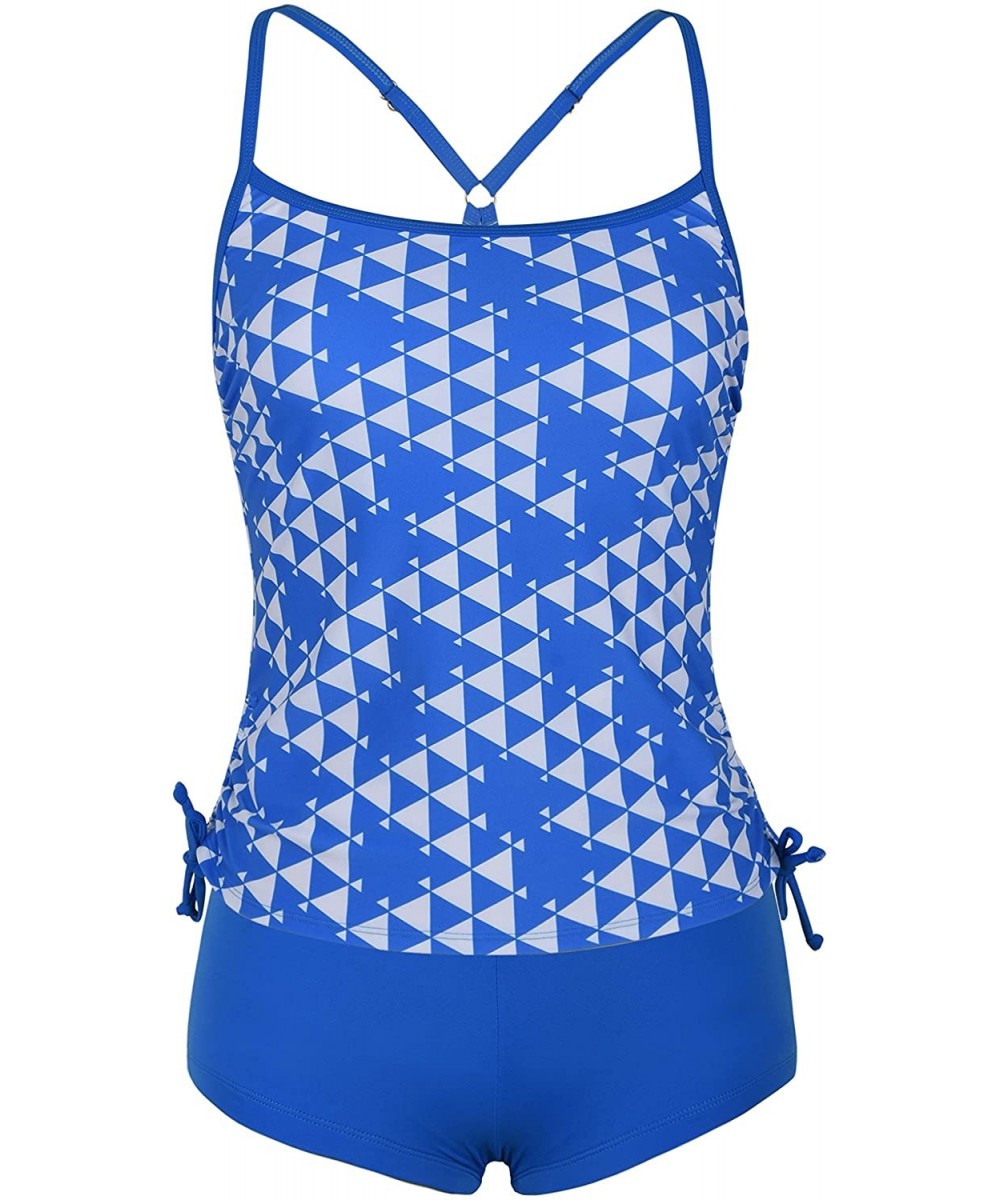 Women's Two Piece Tankinis Plaid Drawstring with Swimwear Boyshort - Blue - C519CZIYCLA $30.49-Tankinis