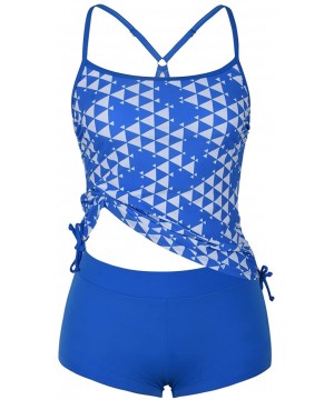 Women's Two Piece Tankinis Plaid Drawstring with Swimwear Boyshort - Blue - C519CZIYCLA $30.49-Tankinis