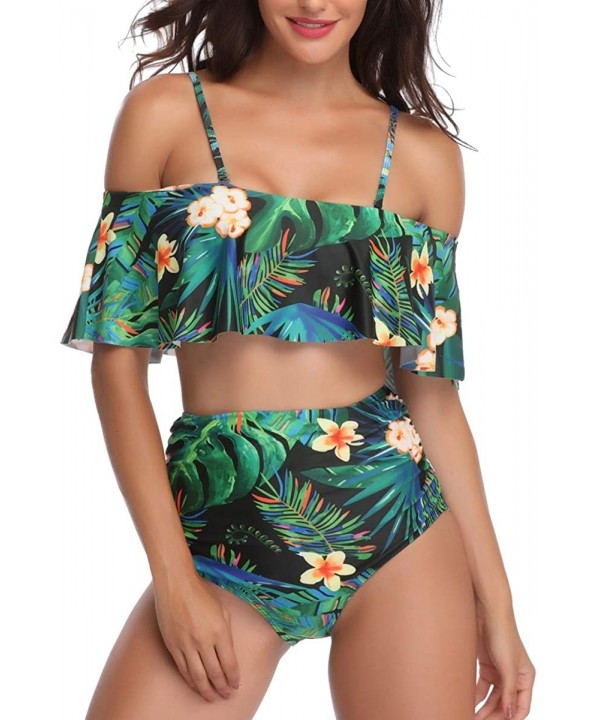 Women Ruffled Flounce Off Shoulder Swimsuit High Waist Bikini Print Two Piece Bathing Suit - Yellow Flower - CQ18NX4K4SU $15....