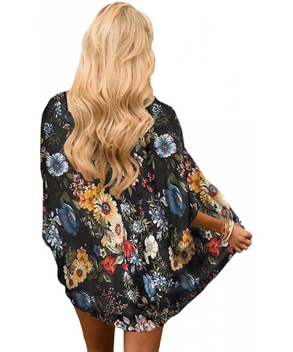 Women's Floral Kimono Cardigan Casual Swimwear Loose Open Front Cover Up Tops - Black - C9193TI52M3 $14.45-Cover-Ups